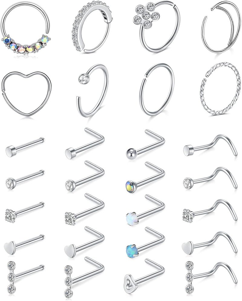 Mayhoop 20g Nose Rings Hoops And Studs For Women Men - Hypoallergenic 316L Surgical Stainless Steel L Shape Nose Screw Bone Silver Rose Gold Black Rainbow Pack 28Pcs - Image 1